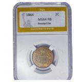 1864 Two Cent Piece PGA MS64 RB Rotated Die