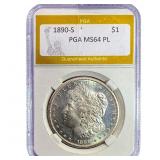 1890-S Morgan Silver Dollar PGA MS64 PL