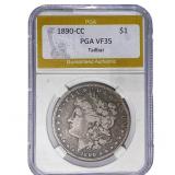 1890-CC Morgan Silver Dollar PGA VF35 Tailbar