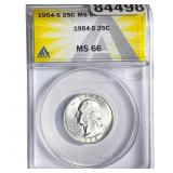 1954-S Washington Silver Quarter ANACS MS66