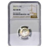 1917-S Mercury Silver Dime NGC AU58 FB