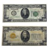 [2] 1928 $20 Gold Certificate Note & $20 Green Sea