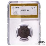 1853 Braided Hair Half Cent PGA MS63 BN
