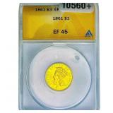 1861 $3 Gold Piece ANACS EF45
