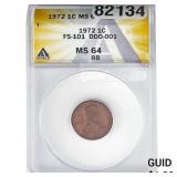 1972 Wheat Cent ANACS MS64 RB