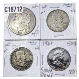 [4 Coins] 1890-1964 Morgan $1 & Franklin 50Cs