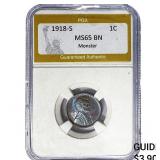 1918-S Wheat Cent PGA MS65 BN Monster
