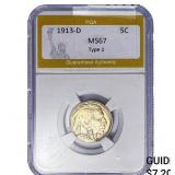 1913-D Buffalo Nickel PGA MS67 Type 1