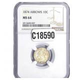 1874 Arr. Seated Liberty Dime NGC MS64