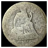 The coin is a heavily worn 1840s-1850s U.S. Seated