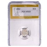1862 Silver Three Cent PGA MS65