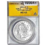 1891-CC Morgan Silver Dollar ANACS MS63 VAM-3