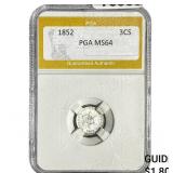 1852 Silver Three Cent PGA MS64