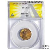 1919 Wheat Cent ANACS MS64 RED