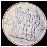 1933 Czechoslovakia Silver 20 Koron CLOSELY UNCIRC