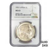 1931 Latvia Silver 5 Lati NGC MS63