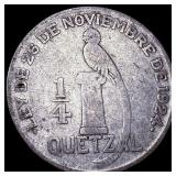 1926 Guatemala Silver 1/4 Quetzal CLOSELY UNCIRCUL