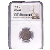 1918-S Wheat Cent NGC MS64 RB
