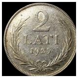 1925 Latvia Silver 2 Lati  UNCIRCULATED