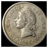 1967 Dominican Republic Silver 10 Centavos NEARLY