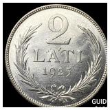 1925 Latvia .2685oz Silver 2 Lati UNCIRCULATED