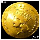 1862 $3 Gold Piece NEARLY UNCIRCULATED