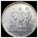1934 Czechoslovakia .2701 Silver 20 Korun CLOSELY