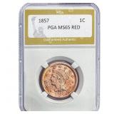 1857 Braided Hair Large Cent PGA MS65 RED