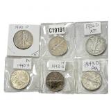 [6 Coins] 1936-1943 Walking Liberty Half Dollar
