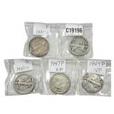 [5 Coins] 1921-1947 Walking Liberty Half Dollar