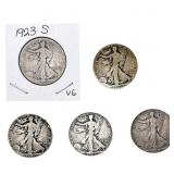 [5 Coins] 1921-1923 Walking Liberty Half Dollar