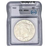 1922 Silver Peace Dollar ICG MS64