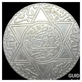 1901-1903 Morocco .8425oz Silver 10 Dirhams NEARLY