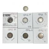 [7 Coins] 1853-1896 U.S. Silver 1/2 Dime&Dime Lot