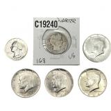 [6 Coins]1900-1964 U.S. Silver Quarter&Half Dollar