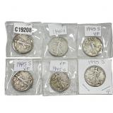 [6 Coins] 1944-1945 Walking Liberty Half Dollar