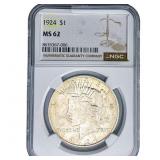 1924 Silver Peace Dollar NGC MS62