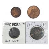[4 Coins] 1803-1838 U.S. 1/2C & Large Cent Lot