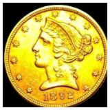 1892 Liberty Head Half Eagle $5 Gold CLOSELY UNCIR