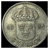 1939 Sweden Silver 25 Ore NEARLY UNCIRCULATED