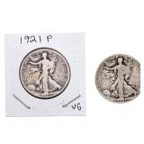 [2 Coins] 1921 Walking Liberty Half Dollar