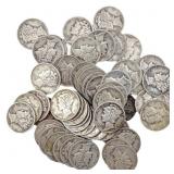 [53 Coins]Mixed Dates Silver Mercury Dime Roll
