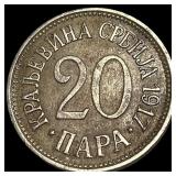 1917 Serbia Copper-Nickel 20 Para NEARLY UNCIRCULA