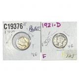 [2 Coins] 1921-D Mercury Silver Dime Rare