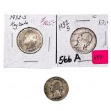 [3 Coins] 1932-S Washington Silver Quarter Key Dat