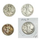 [4 Coins] 1916-D Walking Liberty Half Dollar