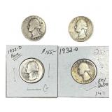 [4 Coins] 1932-D Washington Silver Quarter Key Dat