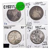 [4 Coins] 1870-1938 U.S. Silver Half Dollar Lot