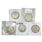 [5 Coins] 1895-1947 U.S. Silver Half Dollar Lot