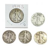 [5 Coins] 1919-S Walking Liberty Half Dollar